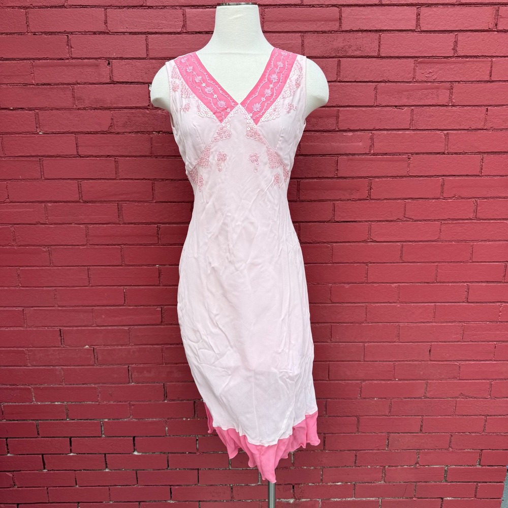 Vtg Real Comfort‎ Chadwicks Dress Small Pink Feminine Embroidered Fairy Flounce